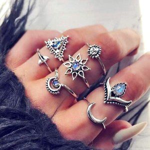 Silver & Ocean Blue 7 Piece Ring Set